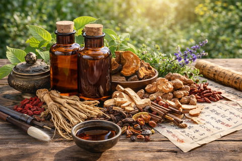 Illustration Traditionell Chinesischer Medizin mit Extrakten aus Blättern, Blüten, Wurzeln und Rinden