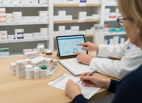 Illustration Medikationsanalyse: Medikamente auf Theke mit Dokumenten