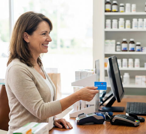 Kundin an der Theke mit Kundenkarte